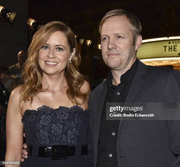 Actress Jenna Fischer and Lee Kirk arrive at the premiere of Warner Bros. Pictures' "The 15:17 to Paris" at Warner Bros. Studios on February 5, 2018...