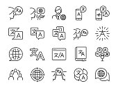 Translation line icon set. Included the icons as translate, translator, language, bilingual, dictionary, communication, bi-racial and more.