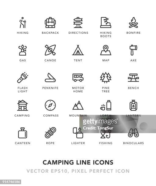 illustrazioni stock, clip art, cartoni animati e icone di tendenza di icone della linea di campeggio - canoa