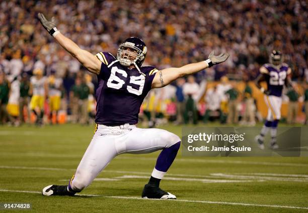 Defensive end Jared Allen of the Minnesota Vikings celebrates after a sack during the Monday Night Football game against the Green Bay Packers on...