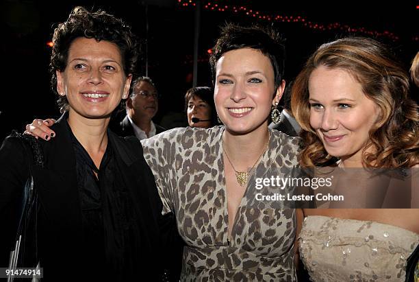 Universal Pictures Co-Chairman Donna Langley, writer Diablo Cody and writer Dana Fox arrive at the Los Angeles premiere of "Couples Retreat" held the...