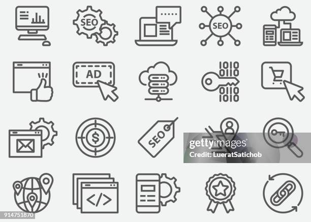 ilustraciones, imágenes clip art, dibujos animados e iconos de stock de seo y web developer línea iconos - sistema operativo