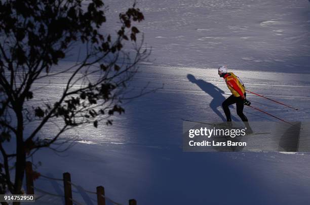 An athlete trains during Cross-Country Skiing practice ahead of the PyeongChang 2018 Winter Olympic Games at Alpensia Cross-Country Skiing Centre on...