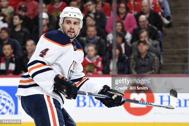 Kris Russell of the Edmonton Oilers watches for the puck in the first period against the Chicago Blackhawks at the United Center on January 7, 2018...