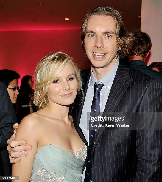 Actors Kristen Bell and Dax Shepard pose at the afterparty for the premiere of Universal Pictures' "Couples Retreat" at the Hammer Museum on October...