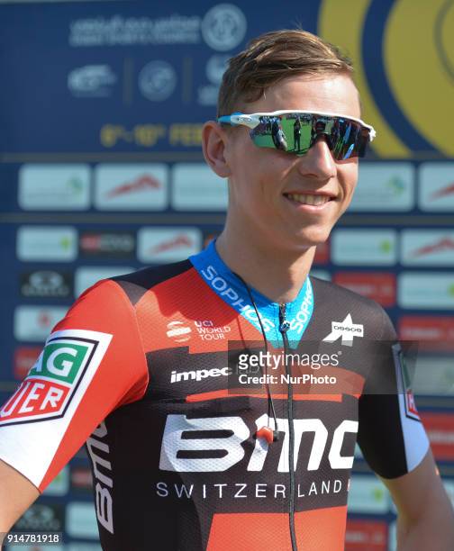 Belgium's Dylan Teuns from BMC Racing Team, at the team presentation ahead of the Nakheel Stage, 167 km opening stage of Tour of Dubai 2018, with a...