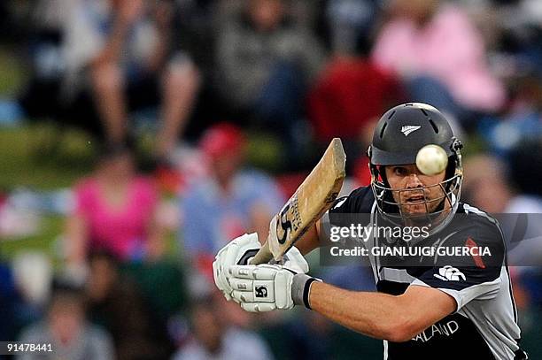 New Zealand batsman James Franklin plays a shot on October 05, 2009 during the ICC Champions Trophy final match between New Zealand and Australia at...