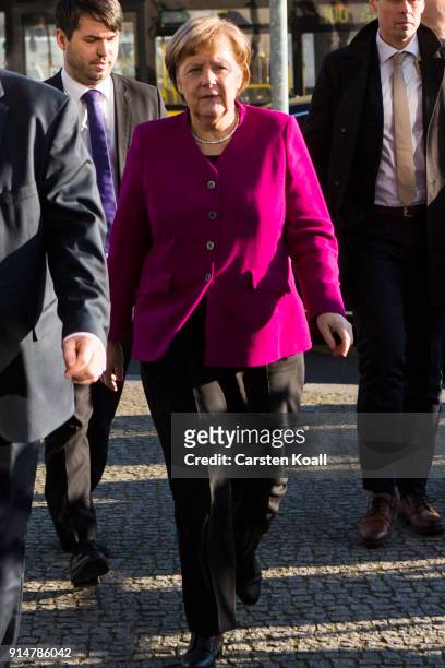 German Chancellor and leader of the Christian Democratic Union Angela Merkel arrives for the the coalition negotiations at CDU headquarter for what...