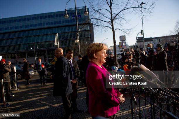 German Chancellor and leader of the Christian Democratic Union Angela Merkel speaks to the media about the coalition negotiations at CDU headquarter...