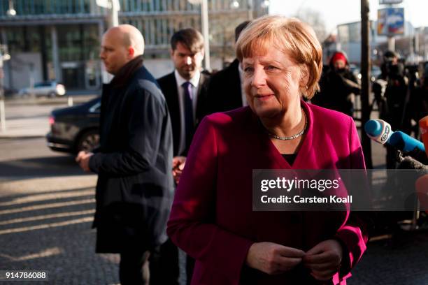 German Chancellor and leader of the Christian Democratic Union Angela Merkel arrives for the the coalition negotiations at CDU headquarter for what...