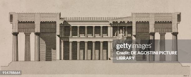 Section plan of the Temple of Zeus with the statue of Zeus, Olympia, Greece, engraving by Ollivier from Grece, by Francois Pouqueville , L'Univers...