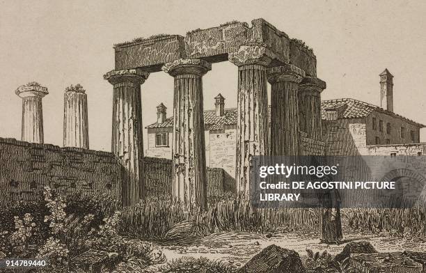 The Temple of Apollo in Corinth, Greece, engraving from Grece, by Francois Pouqueville , L'Univers pittoresque, Europe, published by Firmin Didot...