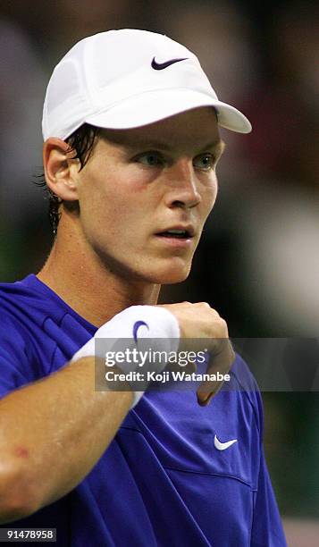 Tomas Berdych of Czech Republic looks on his match against Go Soeda of Japan during day two of the Rakuten Open Tennis tournament at Ariake Colosseum...