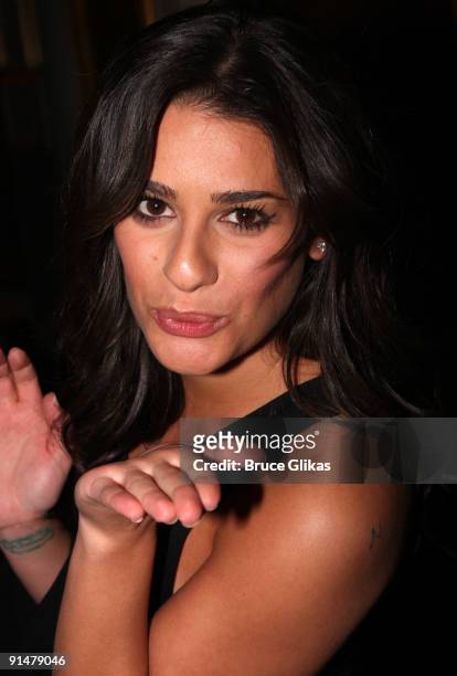 Lea Michele poses as she attends the hit rock musical "Rock of Ages" on Broadway at The Brooks Atkinson Theater on October 6, 2009 in New York, New...