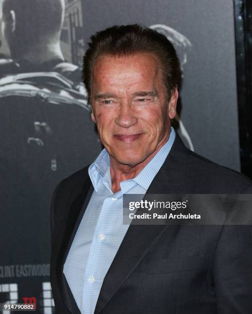 Actor Arnold Schwarzenegger attends the premiere of "The 15:17 To Paris" at Warner Bros. Studios on February 5, 2018 in Burbank, California.