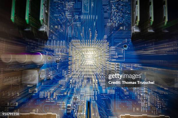 Picture taken with a zoom-in effect of a circuit board of a computer on February 05, 2018 in Berlin, Germany.