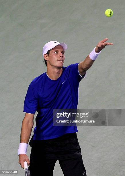 Tomas Berdych of the Czech Republic serves against Go Soeda of Japan during day two of the Rakuten Open Tennis tournament at Ariake Colosseum on...