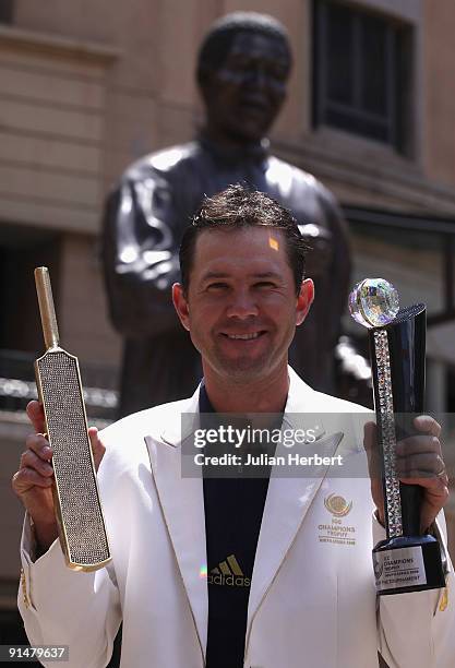 Australia Cricket Team Captain Ricky Ponting poses with The ICC Champions Trophy and The Leading Run Scorer of The Tournament Trophy in Nelson...