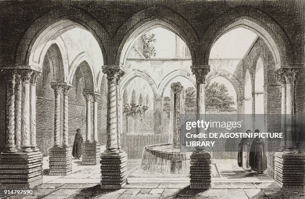 Fountain in the Benedictine monastery, cathedral of Santa Maria Nuova, Monreale, Sicily, Italy, engraving by Renoux from Italie, by Alexis-Francois...