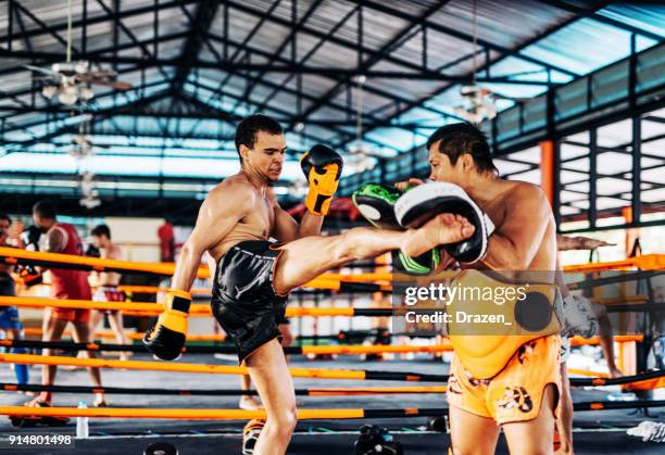 instructores de artes marciales tailandesas ejercicio con alumnos internacionales - muay thai fotografías e imágenes de stock