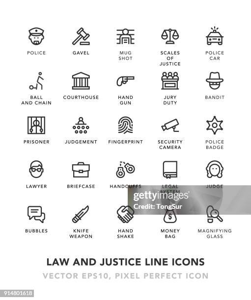 illustrazioni stock, clip art, cartoni animati e icone di tendenza di icone della linea diritto e giustizia - manette