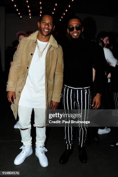 Victor Cruz and Eric West attend the Todd Snyder February 2018 fashion show during New York Fashion Week: Mens' at Pier 59 Studios on February 5,...