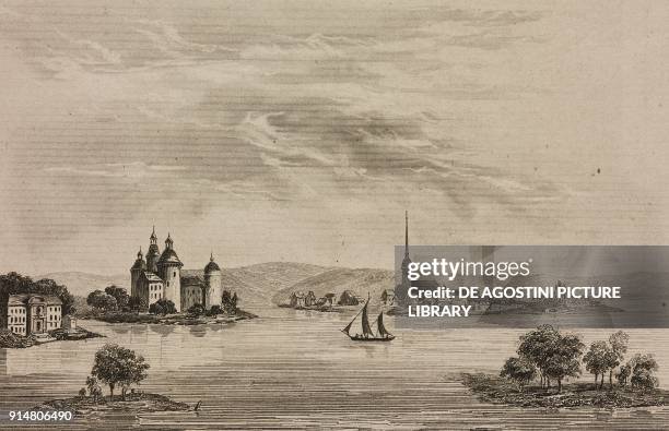 Gripsholm Royal Castle and Mariefred, Sweden, engraving from Suede e Norwege by Philippe Le Bas , L'Univers pittoresque, Europe, published by Firmin...