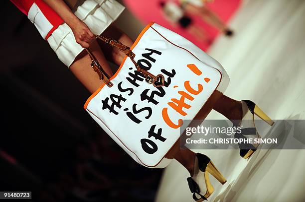 Model displays a creation of Moschino Cheap and Chic Spring/Summer 2010 ready-to-wear fashion show on September 24, 2009 during the Women's fashion...