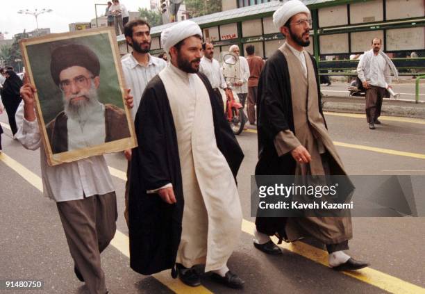 Clerics on a pro-leader demonstration in Tehran, in support of Ayatollah Ali Khamenei, after the city's student riots, 14th July 1999. The riots...
