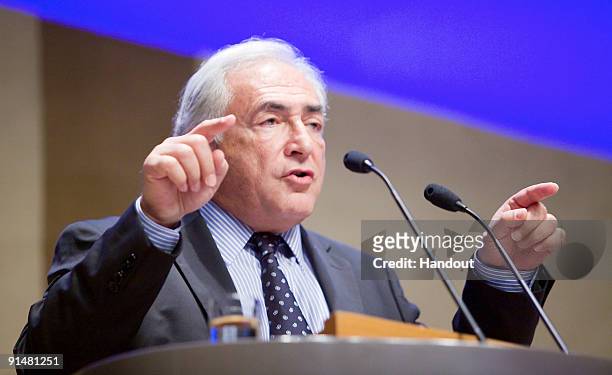 In this handout image supplied by the IMF, International Monetary Fund's Managing Director Dominique Strauss-Kahn speaks at the Opening Plenary of...