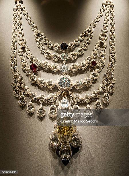 The Patiala necklace, reconsrtucted by Cartier in 1925 on show at the V&A Museum for the opening of the Maharaja Exhibition on October 6, 2009 in...