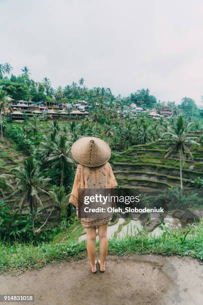 vrouw veel plezier op tegallalang rijst veld in bali, indonesië in aziatische stijl conische hoed - asian style conical hat stockfoto's en -beelden