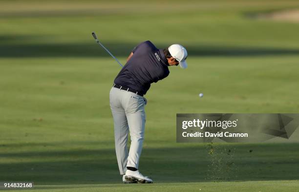 Matteo Manassero of Italy plays a shot during the third round of the Abu Dhabi HSBC Golf Championship at Abu Dhabi Golf Club on January 20, 2018 in...