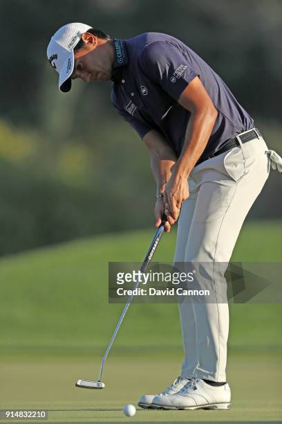 Matteo Manassero of Italy plays a shot during the third round of the Abu Dhabi HSBC Golf Championship at Abu Dhabi Golf Club on January 20, 2018 in...