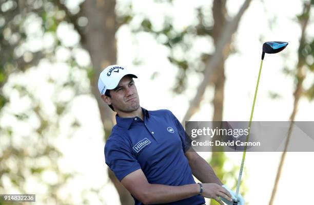 Matteo Manassero of Italy plays a shot during the third round of the Abu Dhabi HSBC Golf Championship at Abu Dhabi Golf Club on January 20, 2018 in...