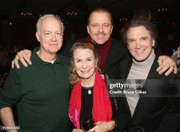 Reed Birnet, Maxwell Caulfield, wife Juliet Mills and Charles Busch pose at the opening night party for Martin McDonagh's new play "Hangman" at The...