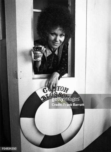 English jazz singer Cleo Laine attends a champagne party to launch the 'SS Cotton Blossom', a prop vessel for a new production of the musical 'Show...