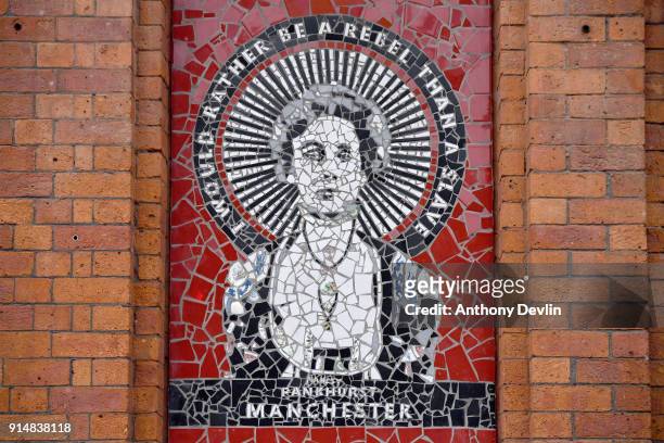 Mosiac of Emmeline Pankhurst is seen on Affleck's Palace in the Northern Quarter of Manchester on February 6, 2018 in Manchester, England. On...