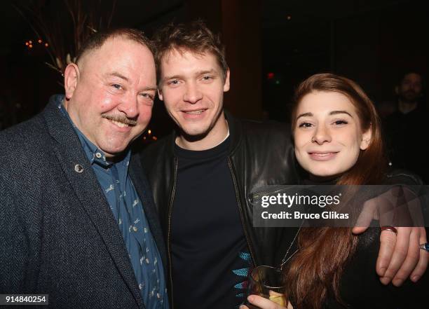 Mark Addy, Billy Howle and Florence Rose pose at the opening night party for Martin McDonagh's new play "Hangman" at The Gallery at The Dream...