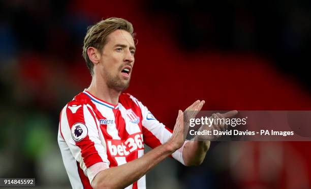 Stoke City's Peter Crouch applauds the fans after the final whistle