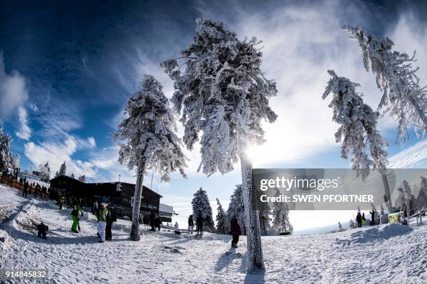 Winter sports enthousiasts enjoy good weather conditions at the Wurmberg mountain in the Harz region near Braunlage, central Germany, on February 6,...