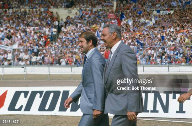 Football managers Howard Kendall of Everton with Joe Fagan of Liverpool FC, circa 1984.