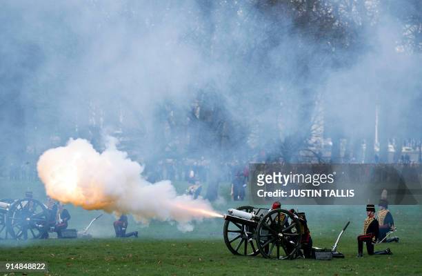 Members of the King's Troop Royal Horse Artillery fire a 41 gun salute in Green Park in central London on February 6, 2018 to mark the 66th...