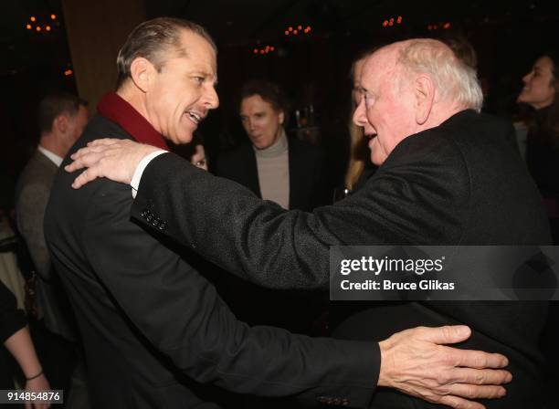 Maxwell Caulfield and Peter Maloney chat at the opening night party for Martin McDonagh's new play "Hangman" at The Gallery at The Dream Downtown...