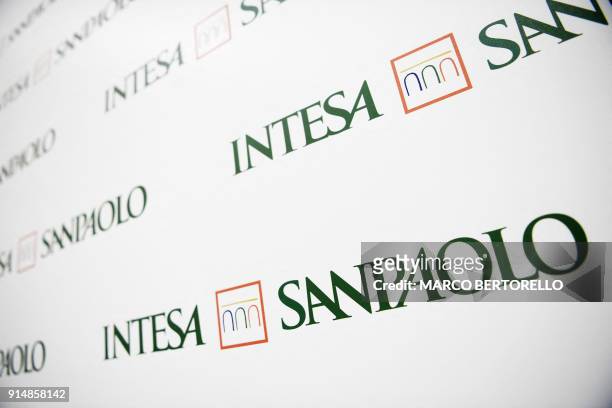 The logo of Italian bank Intesa Sanpaolo is pictured during the presentation of the 2017 results and a new business plan of Intesa Sanpaolo on...