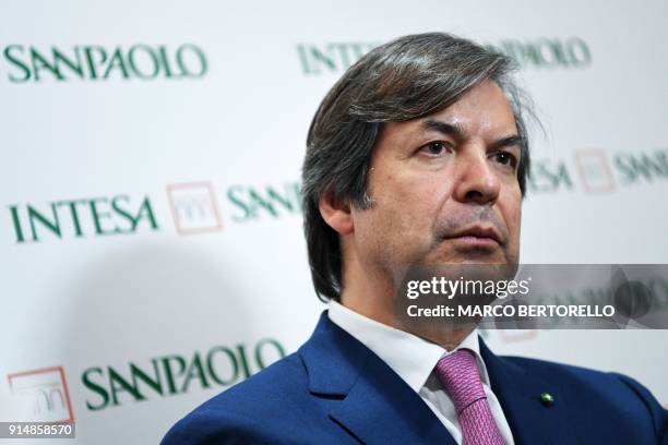 Italian bank Intesa Sanpaolo Chief Executive Officer Carlo Messina gives press conference after the presentation of the 2017 results and a new...