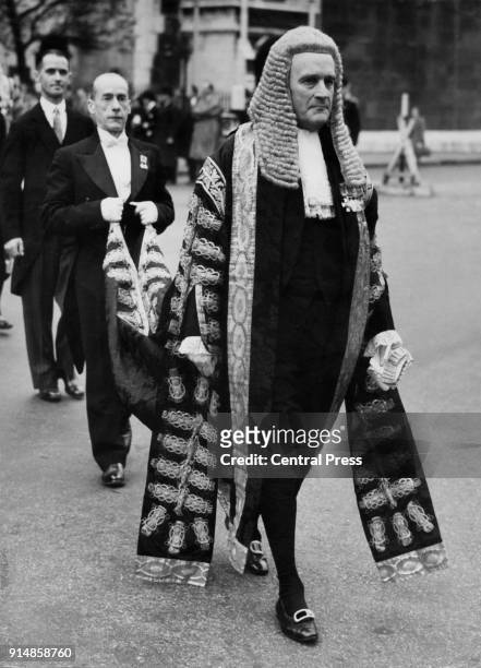 Lord Justice Geoffrey Lawrence , the British representative at the Nuremberg Trials, takes part in the procession from Westminster Abbey to the...
