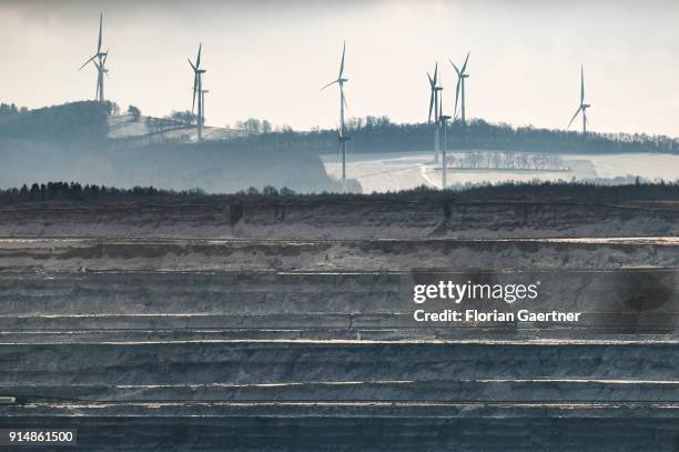 View to the surface mining and some wind turbines near the german-polish-czech border triangle on February 05, 2018 in Bogatynia, Poland.