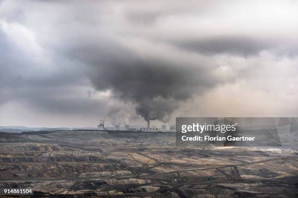 View to the surface mining and the lignite-fired power station on the polish side near the polish-german-czech border triangle on February 05, 2018...