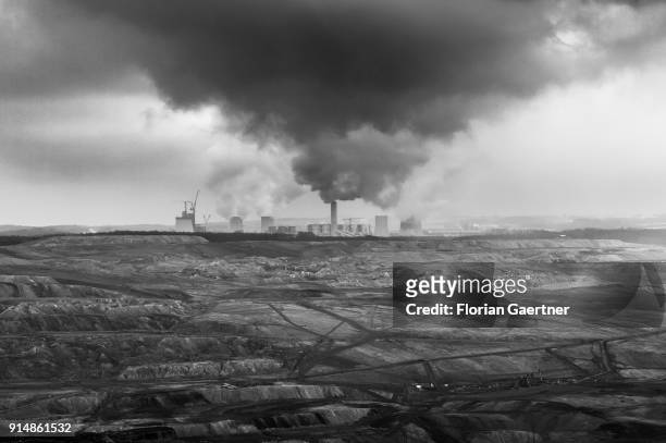 Image has been converted to black and white.) BOGATYNIA, POLAND View to the surface mining and the lignite-fired power station on the polish side...